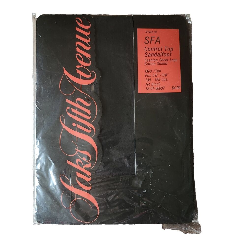 Vtg Saks Fifth Avenue Pantyhose Jet Black SFA Control Top Med/Tall.
